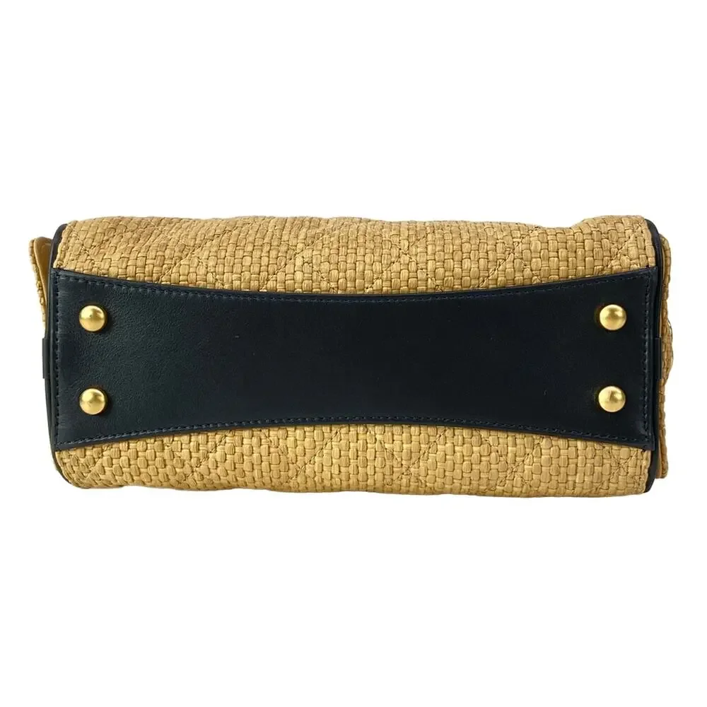 Chanel 25 Shoulder Bag Beige Black Raffia Leather